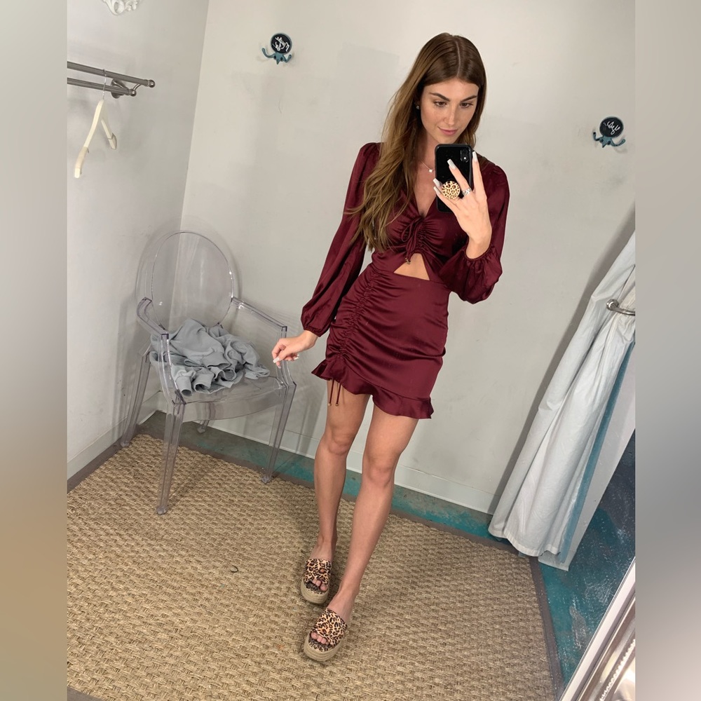 Voge Boutique Long Sleeve Cut Out Silk Mini Dress